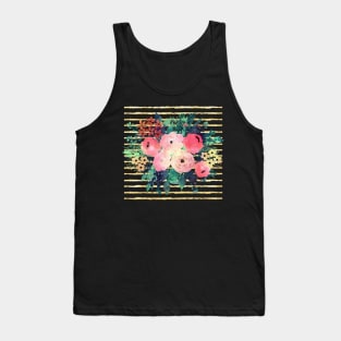 Pretty Pink Flowers Paint Gold Stripes Pattern Tank Top